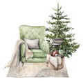 Watercolor winter card with Christmas interior. Hand painted holiday illustration with armchair, carpet, christmas tree