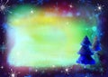 Watercolor winter card with Christmas tree. beautiful watercolor background, similar to the Northern Lights. bright