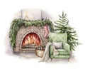 Watercolor winter card with fireplace, armchair and christmas tree. Hand painted holiday illustration with interior Royalty Free Stock Photo