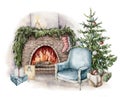 Watercolor winter card with fireplace, armchair, gift boxes and christmas tree. Hand painted holiday illustration with interior Royalty Free Stock Photo