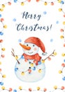 Watercolor winter card with a snowman, snowflakes, Christmas toys, snowdrifts. Royalty Free Stock Photo