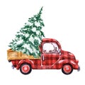 Watercolor winter cartoon illustration with hand-painted Christmas red buffalo check truck and snowy pine tree, isolated Royalty Free Stock Photo