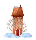 Watercolor winter composition with a brown house and trees in the snow Royalty Free Stock Photo