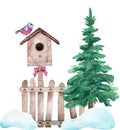 Watercolor winter composition. A red bird sitting on the birdhouse fixed on the fence standing near a green tree.