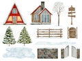 Watercolor winter countryside houses set. Hand drawn tiny triangle cabin, wood cottage, stone fence, gates, snowy fir trees and Royalty Free Stock Photo