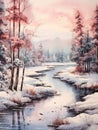 Watercolor winter countryside landscape frozen river. The water mirror is bound by transparent fresh ice, through which the water