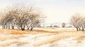 Watercolor Winter: A Delicate Landscape Of Snow And Lemon Trees