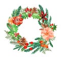 Watercolor Christmas wreath with pine branches, holly, mistletoe and spruce. Winter holiday decor on white background Royalty Free Stock Photo