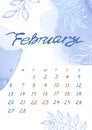 Watercolor Winter February month Calendar template for 2022 year. Week Starts Sunday. Blue Splash and leaf on white