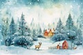 Watercolor winter festive landscape Illustration. Christmas village houses with snow spruce forest. Royalty Free Stock Photo