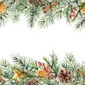 Watercolor winter floral border. Hand painted garland with berries and fir branch, cinnamon, orange, pine cone isolated Royalty Free Stock Photo