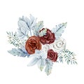 Watercolor winter floral bouquet. Burgundy rose, white flowers, winter greenery blue branch, foliage