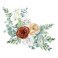 Watercolor winter floral bouquet. Burgundy rose, white flowers, greenery eucalyptus branch, fir tree branch, foliage