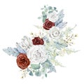 Watercolor winter floral bouquet. Burgundy rose, white flowers, pampas grass, eucalyptus branch, foliage Royalty Free Stock Photo