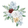 Watercolor winter floral bouquet. Soft white rose and peonies, blue flowers, greenery fir tree branch, foliage