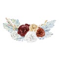 Watercolor winter floral composition wreath. Red and white rose, golden flower, blue frozen floral branch and twigs. Winter