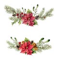 Watercolor winter floral elements on white background. Vintage style set with christmas tree branches, bells, holly