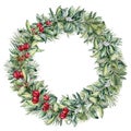 Watercolor winter floral wreath with white and red berries. Hand painted christmas tree and snowberry branch isolated on