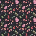 Watercolor winter flowers seamless pattern. Pink wildflowers, berries. Vintage botanical texture of wooodland plants