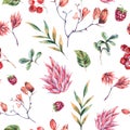 Watercolor winter flowers seamless pattern. Pink wildflowers, berries. Vintage botanical texture of wooodland plants