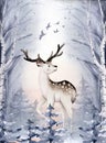 Watercolor winter forest animals deer with fawn, o Wild forest animals card. Hand painted winter illustration Royalty Free Stock Photo