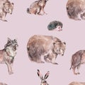 Watercolor winter forest animals seamless pattern. Bear, wolf, hare, hedgehog texture Royalty Free Stock Photo