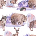 Watercolor winter forest animals seamless pattern. Bear, wolf, hare, hedgehog texture Royalty Free Stock Photo