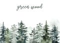 Watercolor winter forest background hand painted snowy green pine trees landscape on white backdrop. Christmas card design