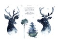 Watercolor winter forest with deer head. Christmas tree landscape with Pine Trees fir in the Mountains. Hand painted