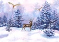 Watercolor winter forest landscape with snowy fir-trees, flying owls and red deer