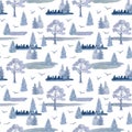 Watercolor winter forest seamless pattern. Hand drawn monochrome blue trees, birds isolated on white background. Foggy Royalty Free Stock Photo