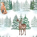 Watercolor winter forest seamless pattern. Hand painted pine trees, fox and reindeer. Christmas print Royalty Free Stock Photo