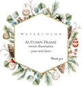 Watercolor winter geometric brilliant golden frame with borders made by spruce branches, eucalyptus, cones, christmas toys. Royalty Free Stock Photo