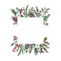 Watercolor winter greenery border with green pine branches, pine cone, red berries. Christmas holiday frame on white background Royalty Free Stock Photo