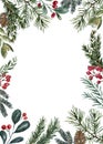 Watercolor winter greenery card template with white background and copy space. Christmas holiday frame. Hand painted pine Royalty Free Stock Photo