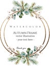 Watercolor winter greenery circle golden border frame, Christmas card circle template. Royalty Free Stock Photo