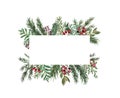 Festive and cheerful Christmas card border template. Winter holiday frame with pine branches, greenery, red berries, isolated