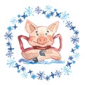 Watercolor Winter greeting card with cute Pig with bow. 2019 Chinese New Year of the Pig. Watercolor illustration.