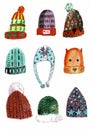 Watercolor winter hats set, isolated on white background.