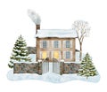 Watercolor winter house illustration. Hand drawn cute cottage with light in windows, chimney smoke, snowdrift, stone Royalty Free Stock Photo