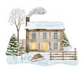 Watercolor winter house illustration. Hand drawn 2 floor cottage with chimney smoke, snowdrift, wood fence, snowy fir Royalty Free Stock Photo