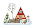 Watercolor winter house illustration. Hand painted modern triangle red cabin with wooden fence and snowy fir tree Royalty Free Stock Photo