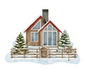 Watercolor winter house landscape. Hand drawn wood cabin with chimney, snowdrift, wooden fence, snowy fir trees isolated Royalty Free Stock Photo