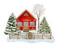 Watercolor winter house landscape. Hand painted red wood cabin in the woods with wooden fence and snowy fir trees Royalty Free Stock Photo