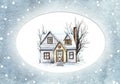 Watercolor winter house in the oval frame Royalty Free Stock Photo