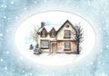 Watercolor winter house in the oval frame Royalty Free Stock Photo