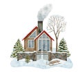 Watercolor winter house scene. Hand drawn wood cottage with chimney smoke, snowdrift, stone brick wall fence, snowy fir Royalty Free Stock Photo