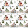 Watercolor winter house seamless pattern. Hand drawn wood cabins with fence and snowy fir trees isolated on white. Cozy Royalty Free Stock Photo