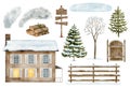 Watercolor winter house set. Christmas landscape. Hand drawn cottage building, chimney smoke, wooden fence, gates, bare Royalty Free Stock Photo