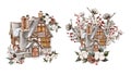 Watercolor winter house with a snow covered roof and cotton branches. Hand drawn illustration of a winter cottage for invitations Royalty Free Stock Photo